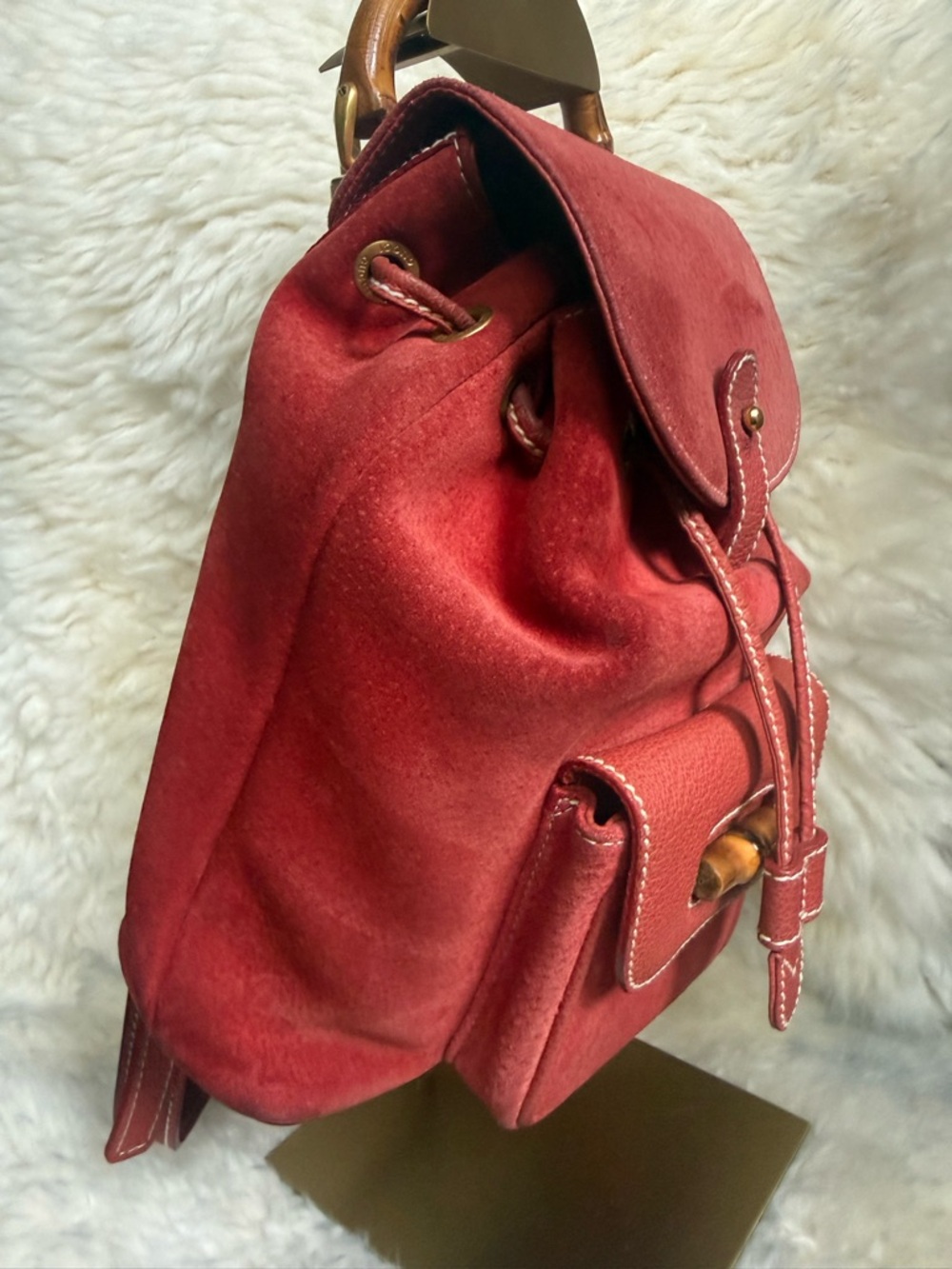 Gucci Red Suede Backpack with Bamboo Top Handle - Authentic - Picture 2 of 6